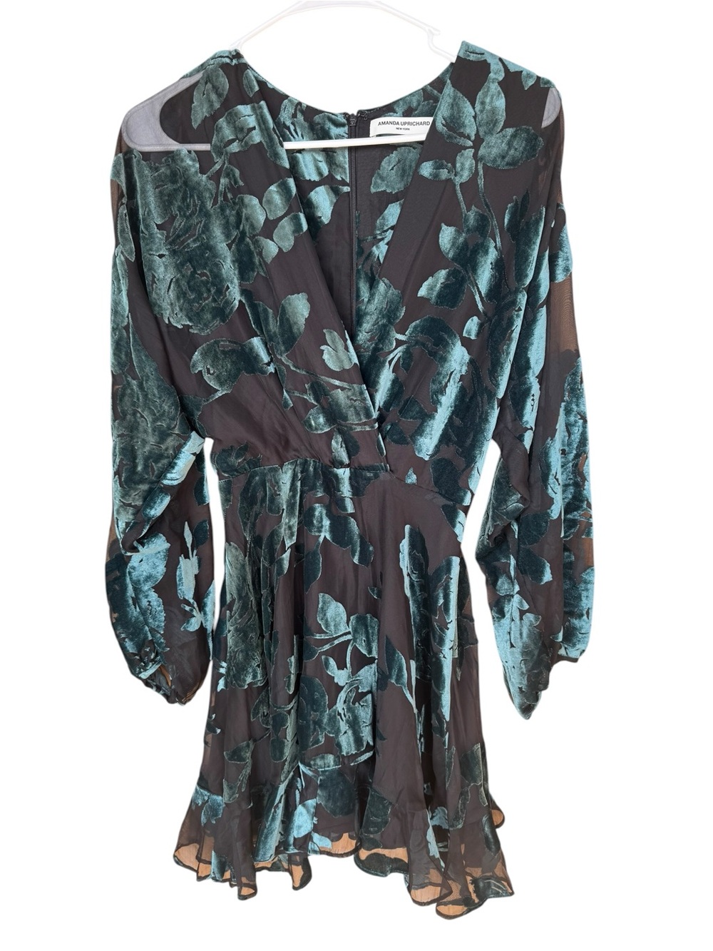 Amanda Uprichard Black and Teal Floral Velvet Chiffon Wrap Dress